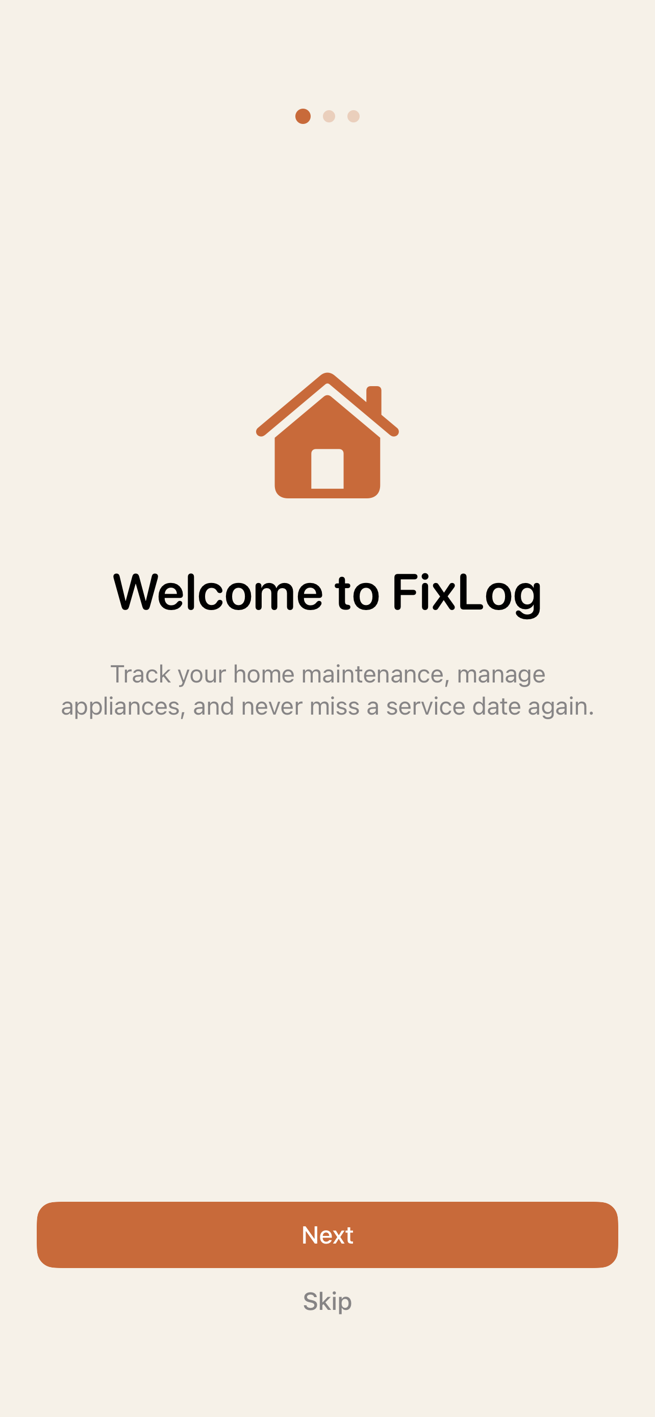 FixLog Onboarding screen