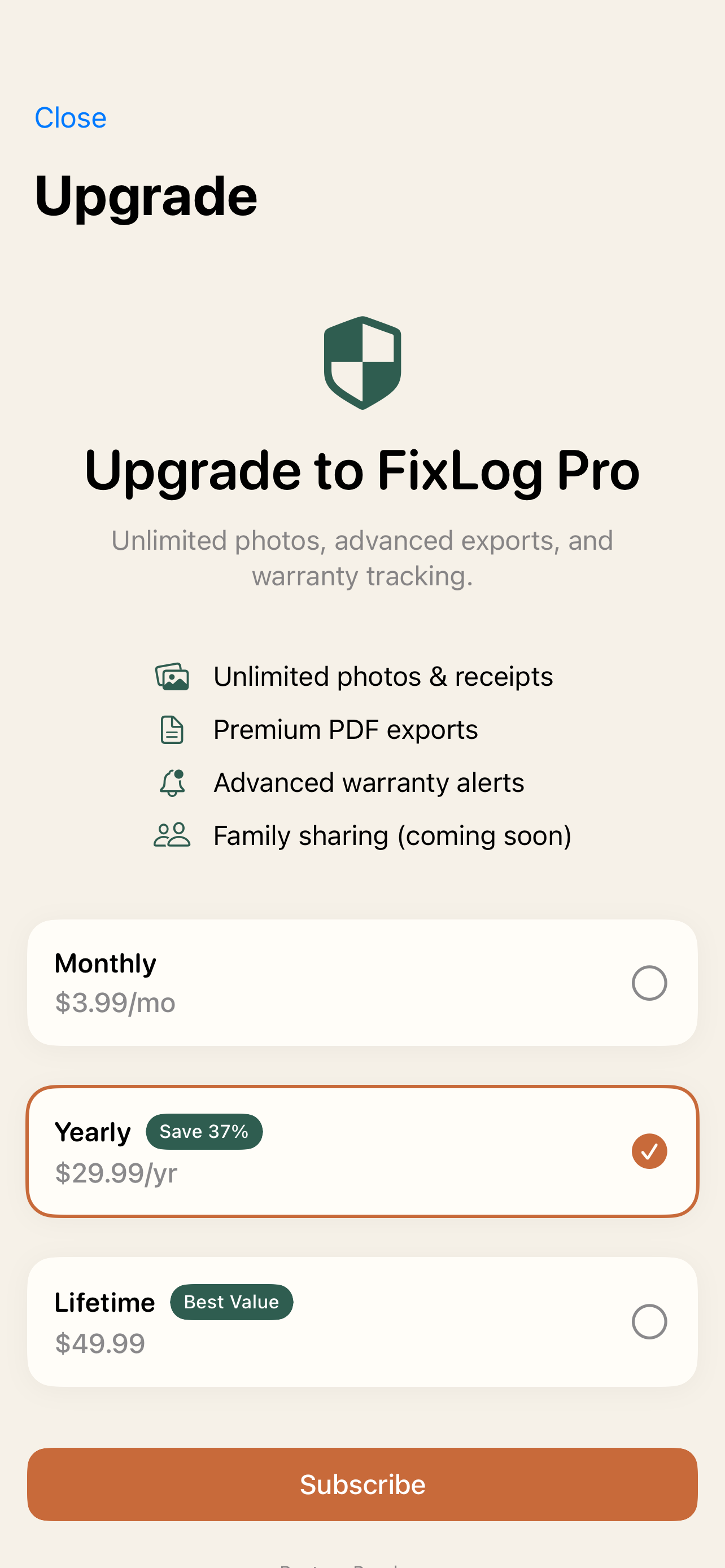 FixLog Paywall screen